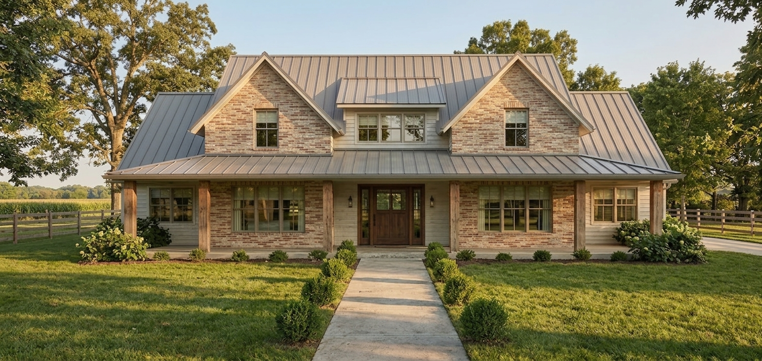 Modern prairie style home at sunset